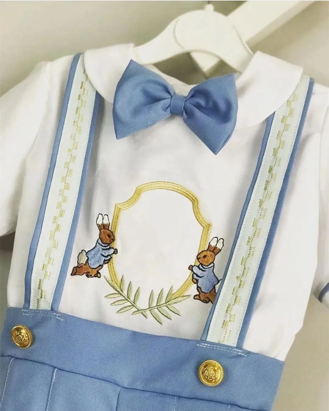 0-12Y  Baby Boy Summer Rabbit Embroidery Blue Rompers White Shirt Set for Easter Eid Birthday