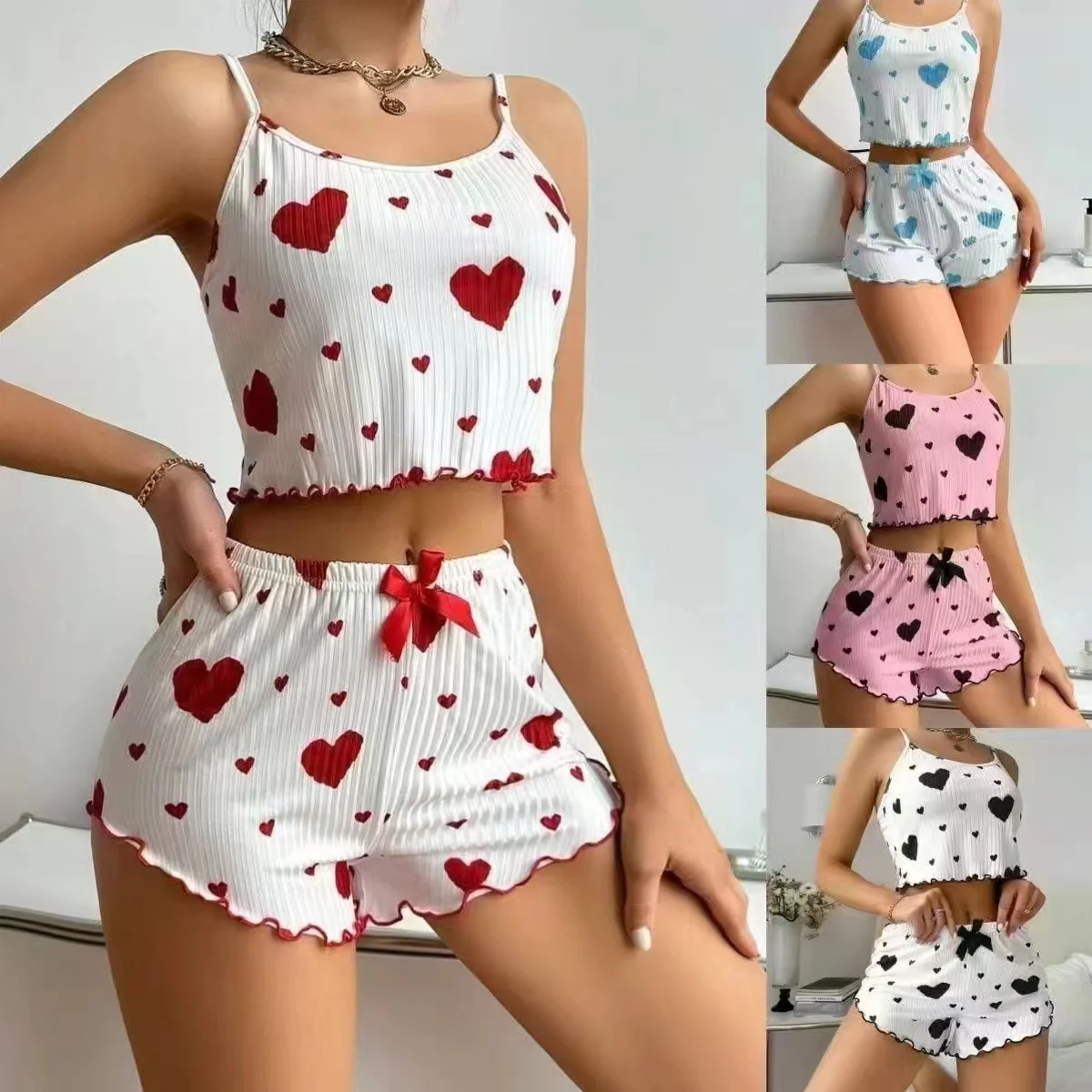 

2025 New Women's Pajamas Set Sleepwear 2 PCS Short Tank Tops And Shorts S M L White Ventilate Soft Casual Love Printing