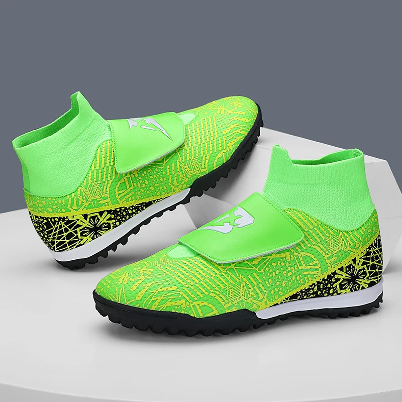 High Quality Turf Soccer Shoes Boys Girls High Top HOOK&LOOP Kids Futsal Sneakers Fashion Green TF Football Boots For Children