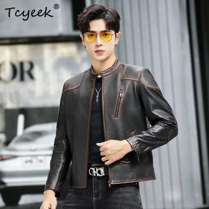 Tcyeek Natural Cowhide Real Leather Jacket Men Clothes 2026 Black Motocycle Jackets Autumn Mens Coats Trendy Casaco Masculino
