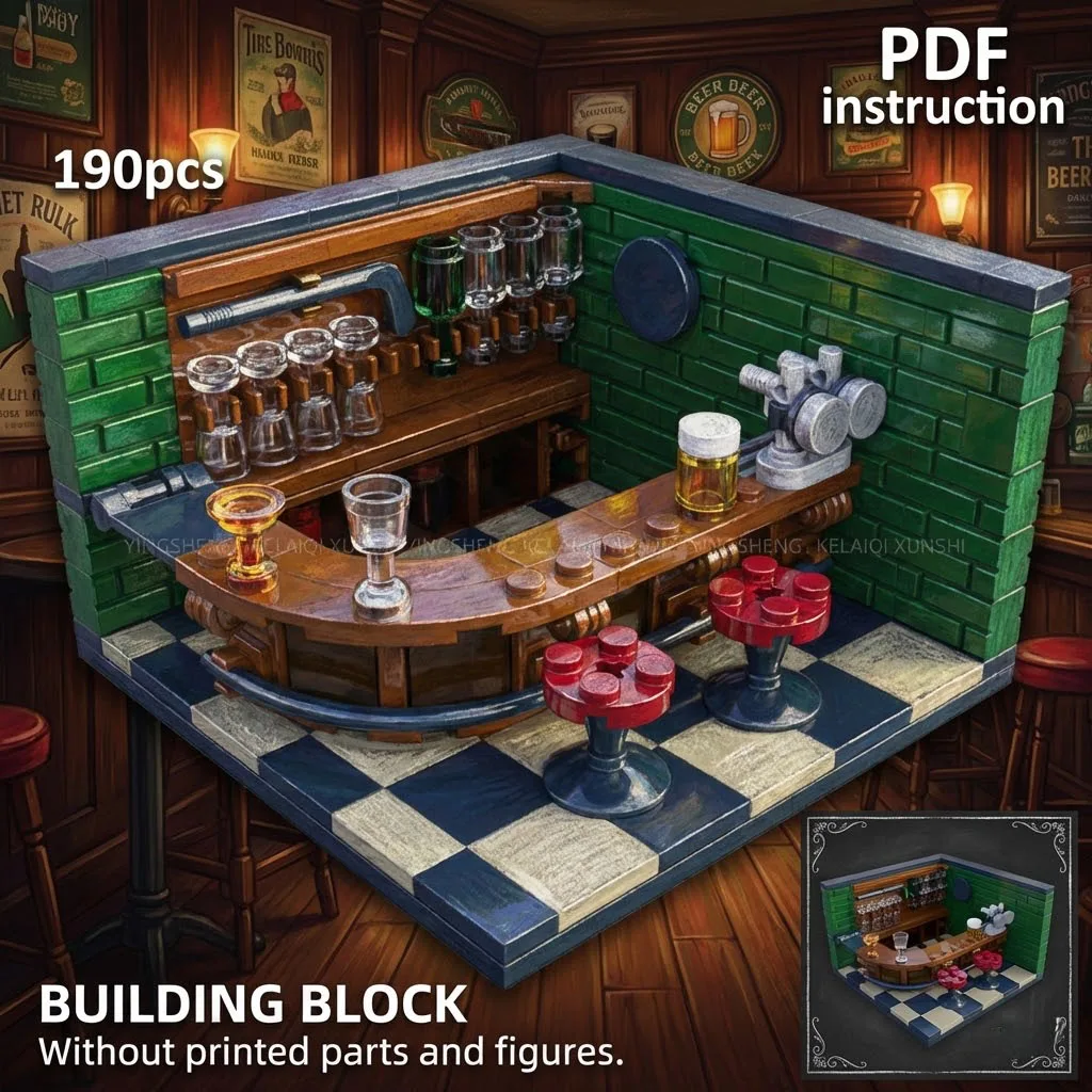 British Pub Bar Interior MOC Block Model with Curved Counter Dart Board Glass Rack Scene