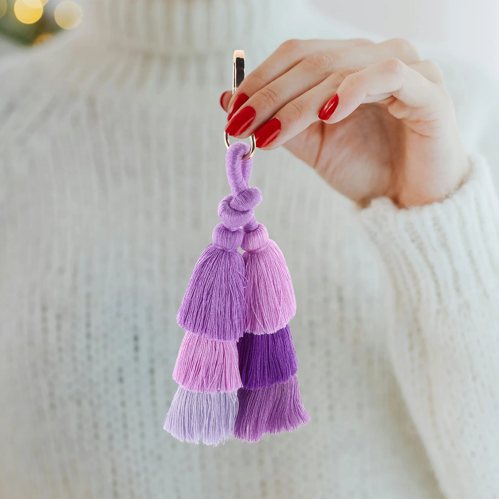 Llavero Boho con Borla Morada, Hecho a Mano, con Flecos Tejidos, para Bolso, Coche, Mochila, Decoración para Mujer