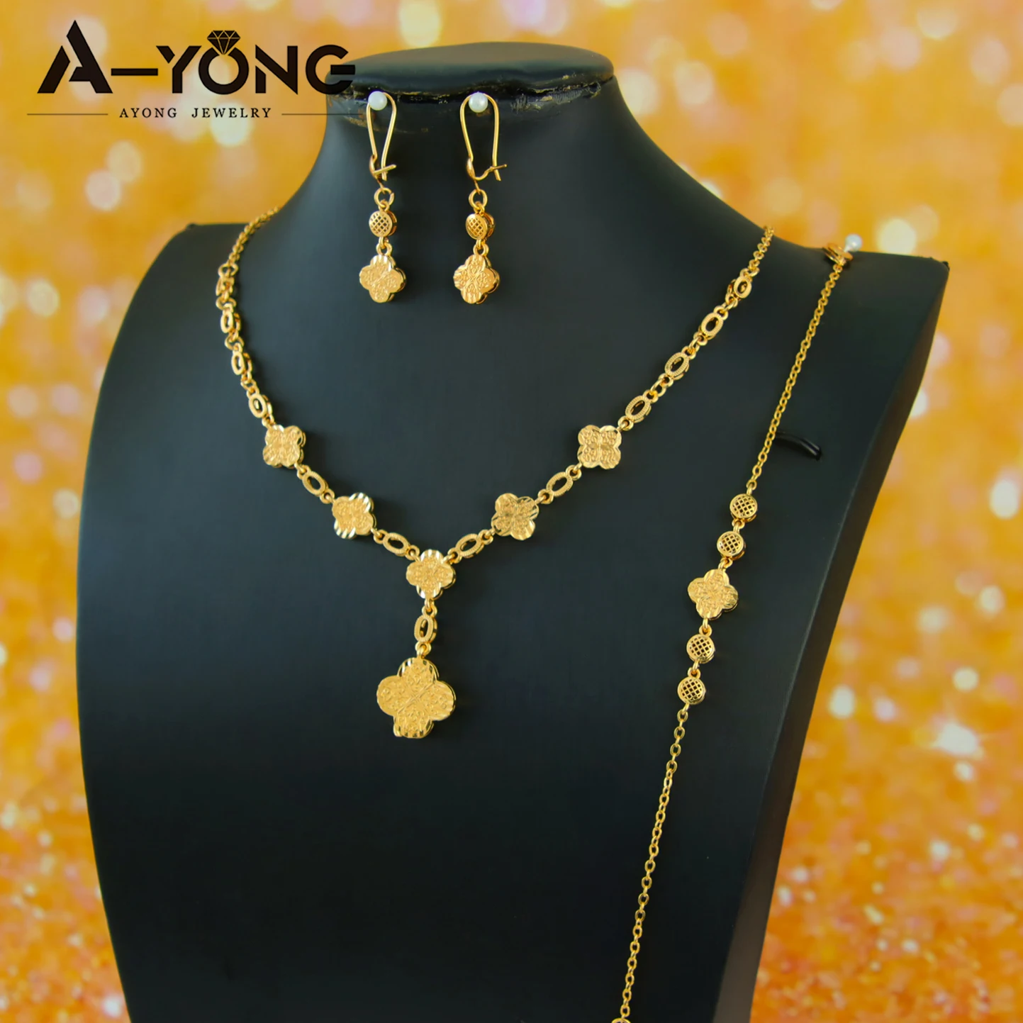 Italian Elegant Gold Color Bead Flower Necklace Set 21k Gold Plated Dubai French Women Bridal Cocktail Party Jewelry Gifts