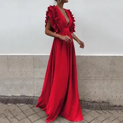 Formal Party Dress Women Sexy Deep V-Neck Long Dress Solid Color Elegant Flying Sleeves Backless Maxi Evening Dresses Robe