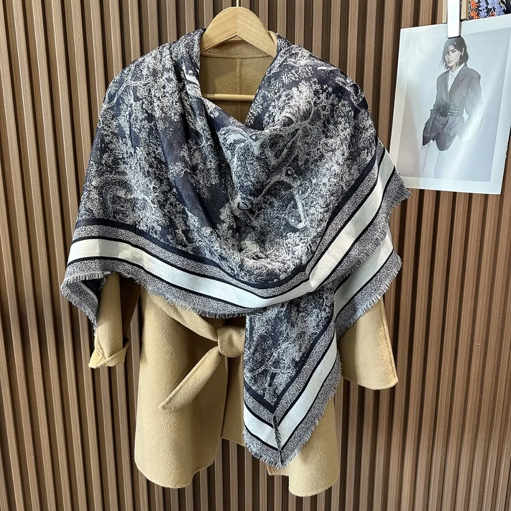 Autumn and Winter Double-sided Jacquard Scarf Versatile High-end Warm Shawl Wool+Modal 130x130cm Square Towel