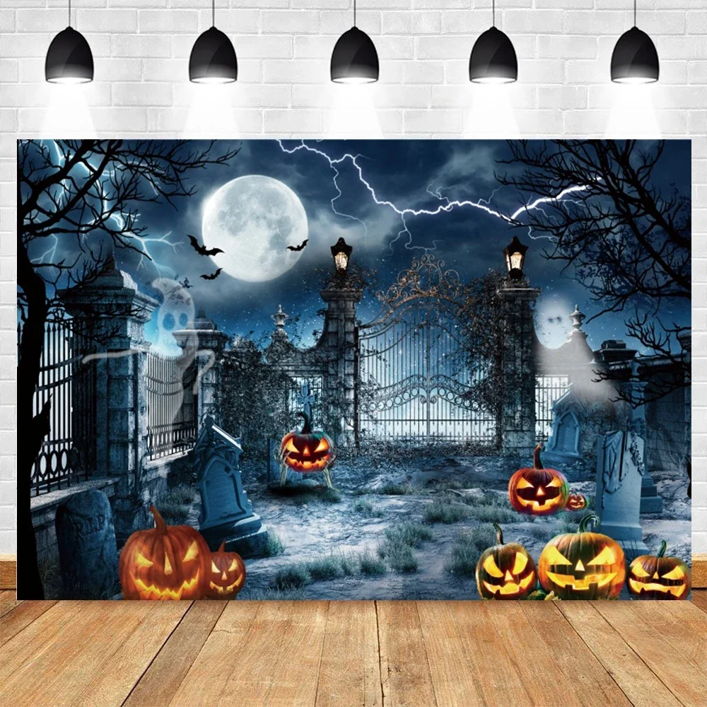 

Horror Halloween Photography Background Moon Night Castle Forest Pumpkin Lantern Skeleton Family Party Decor Banner Backdrop