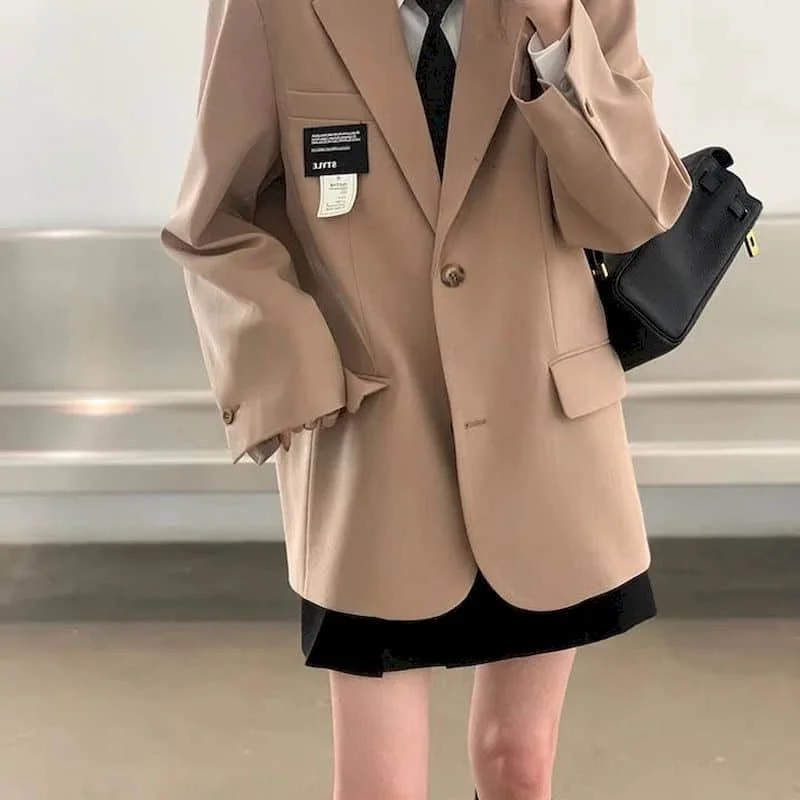 Solid Blazers for Women Elegant Oversized Long Sleeve Casual Basic Jackets Vintage Tailored Collar Coats Korean Style Women Tops