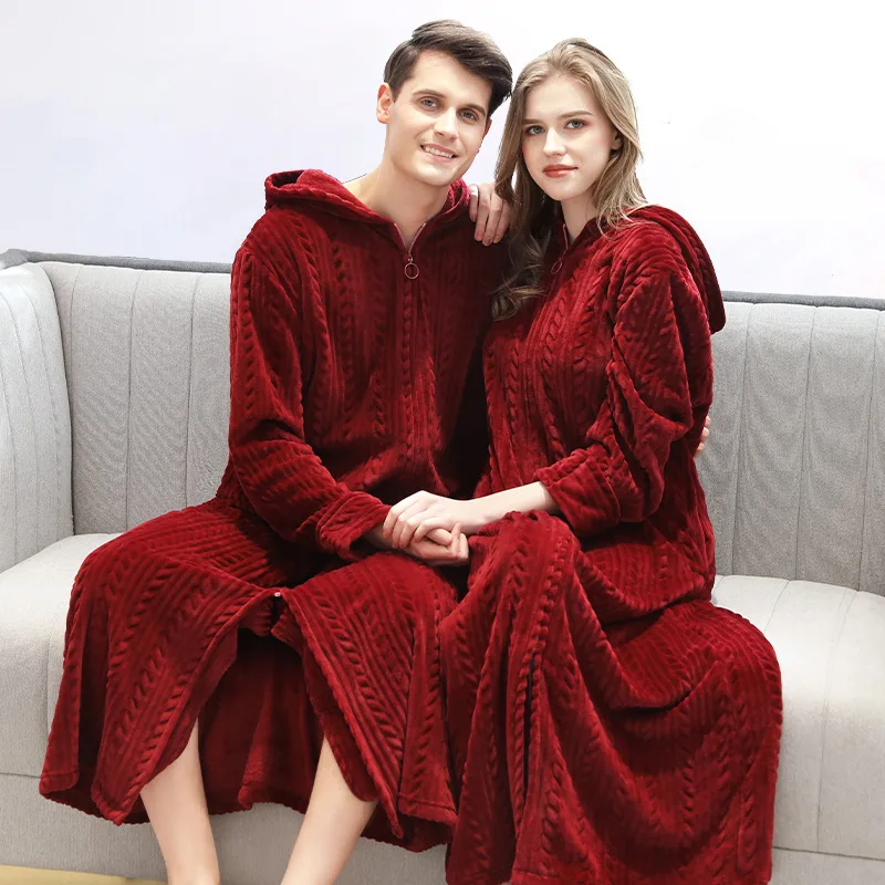 Autumn and winter zipper bathrobe hooded nightgown couple thickened pajamas flannel women\'s long nightgown