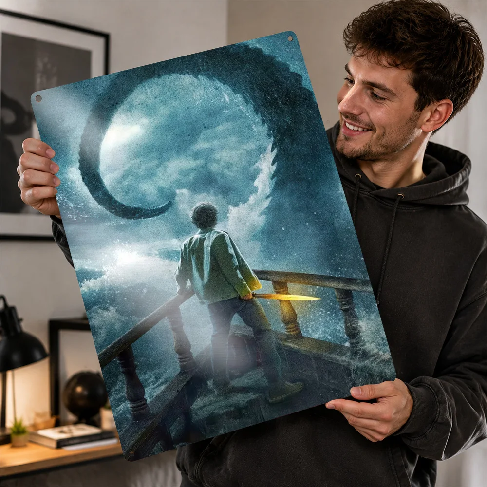 Boy On Ship Facing Sea Monster Printed Poster Illustrated Wall Art For Home Office Customized Aluminum Metal Sign Gamer Gift