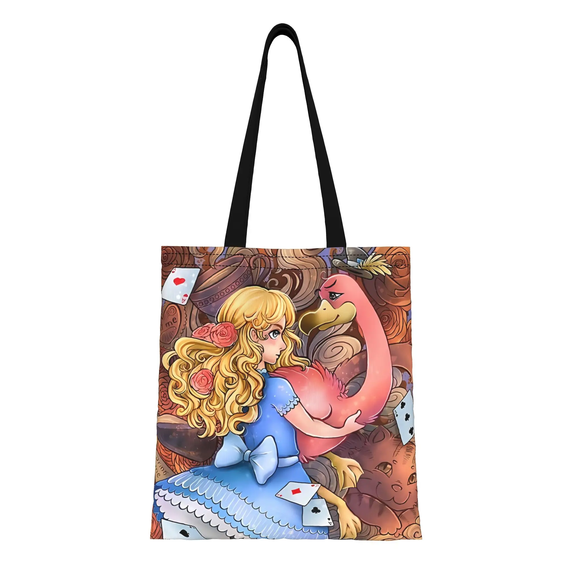 

Back to school season Flamingo Alice in Wonderland Canvas Tote Bag Perfect for Travel Women's Top-Handle Bags