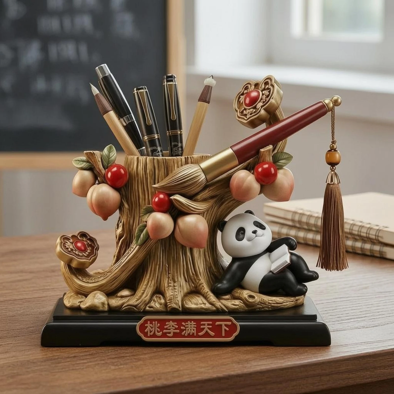 Decorative Pen Holder Ornament Fruit Decoration Panda Pen Holder Desk Organizer Ornamental Motif Office Accessory Black Base