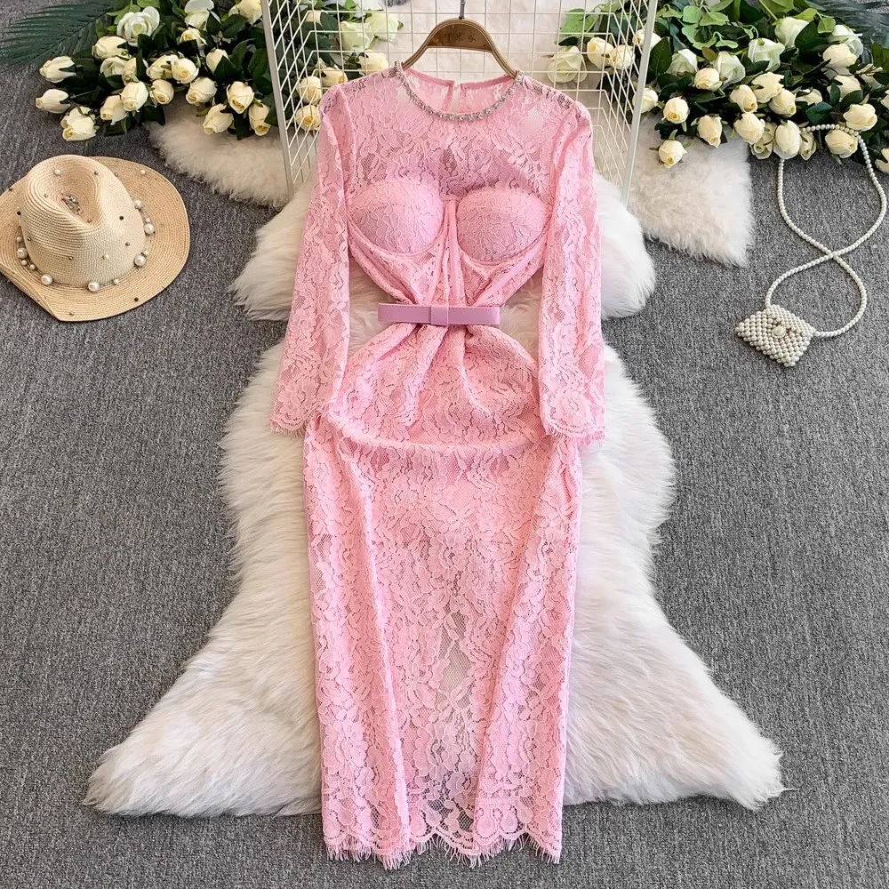 

Розовое кружевное платье, женское элегантное уличное платье с бриллиантами и круглым вырезом, шикарная одежда, женский дизайн для подиума, винтажное элегантное облегающее платье