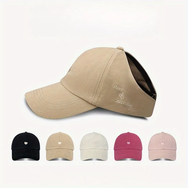1 nicho em forma de coração bordado design, rabo de cavalo alto meados de ar chapéu superior, chapéu de beisebol feminino verão sol sombreamento, shoppi versátil