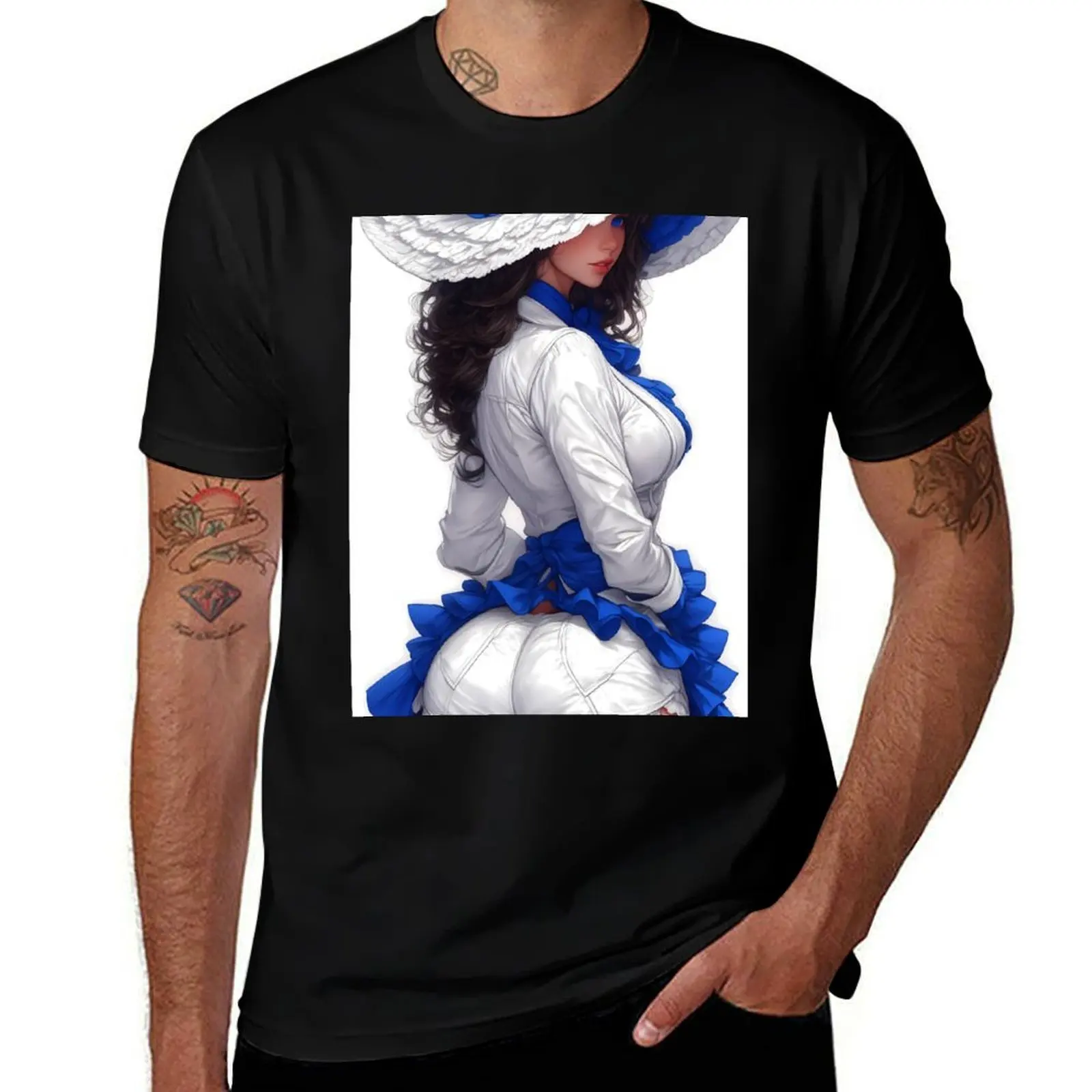 

Anime Girl White Outfit Blue Ruffles Large Sun Hat Fashion Illustration Art T-Shirt blue archive anime tshirt men tshirt