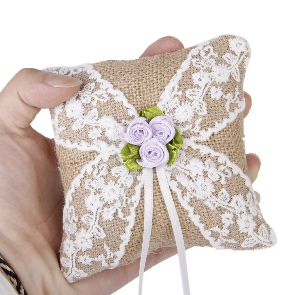 

10x10cm Ring Pillow Satin Ribbon White Wedding Bearer Supplies Beach Themed Rhinestone Decorated Keepsake