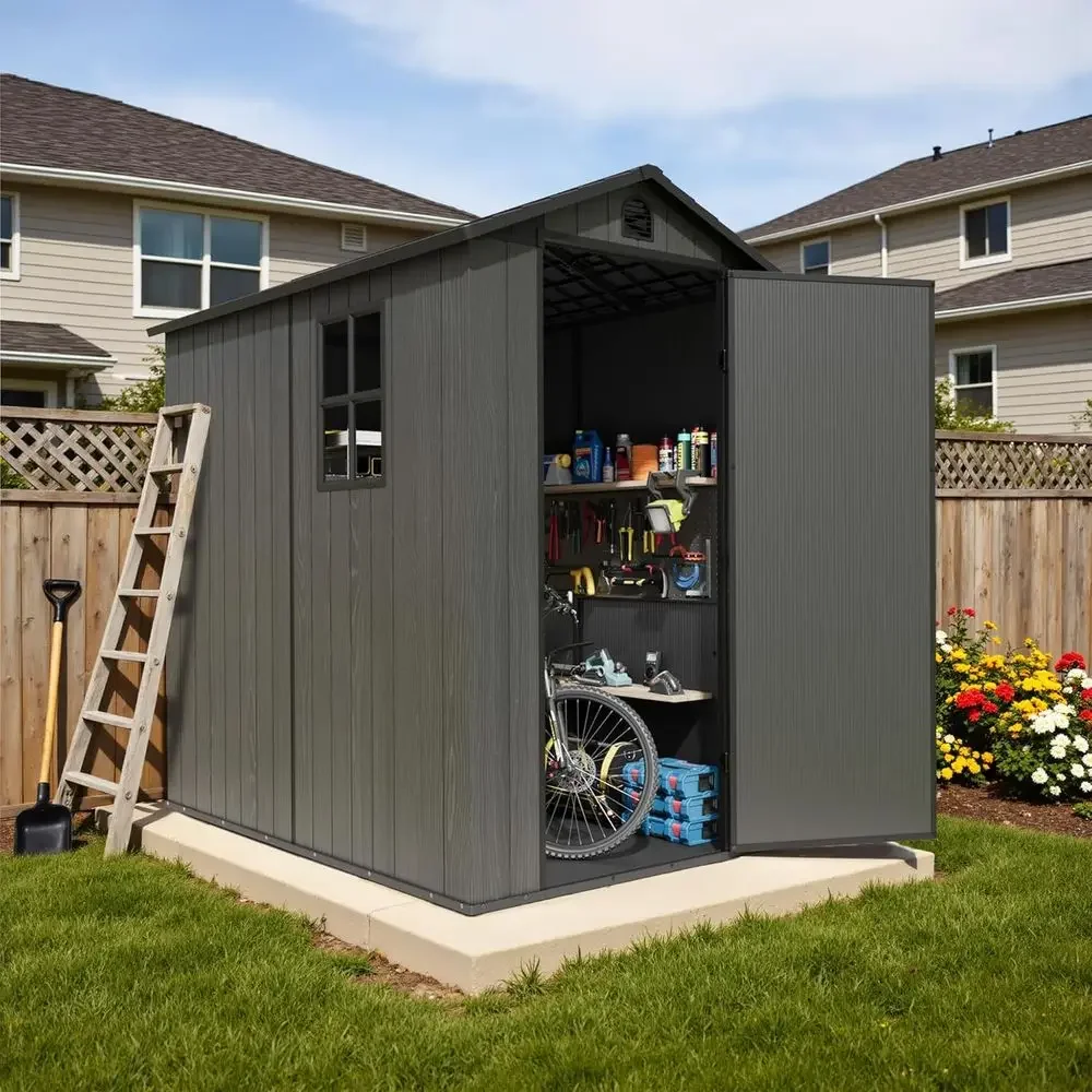 Outdoor Storage Shed: Weatherproof Plastic, Lockable Door, Floor & Window, Ideal for Tools, Backyard, Patio, Lawn, Poolside in G