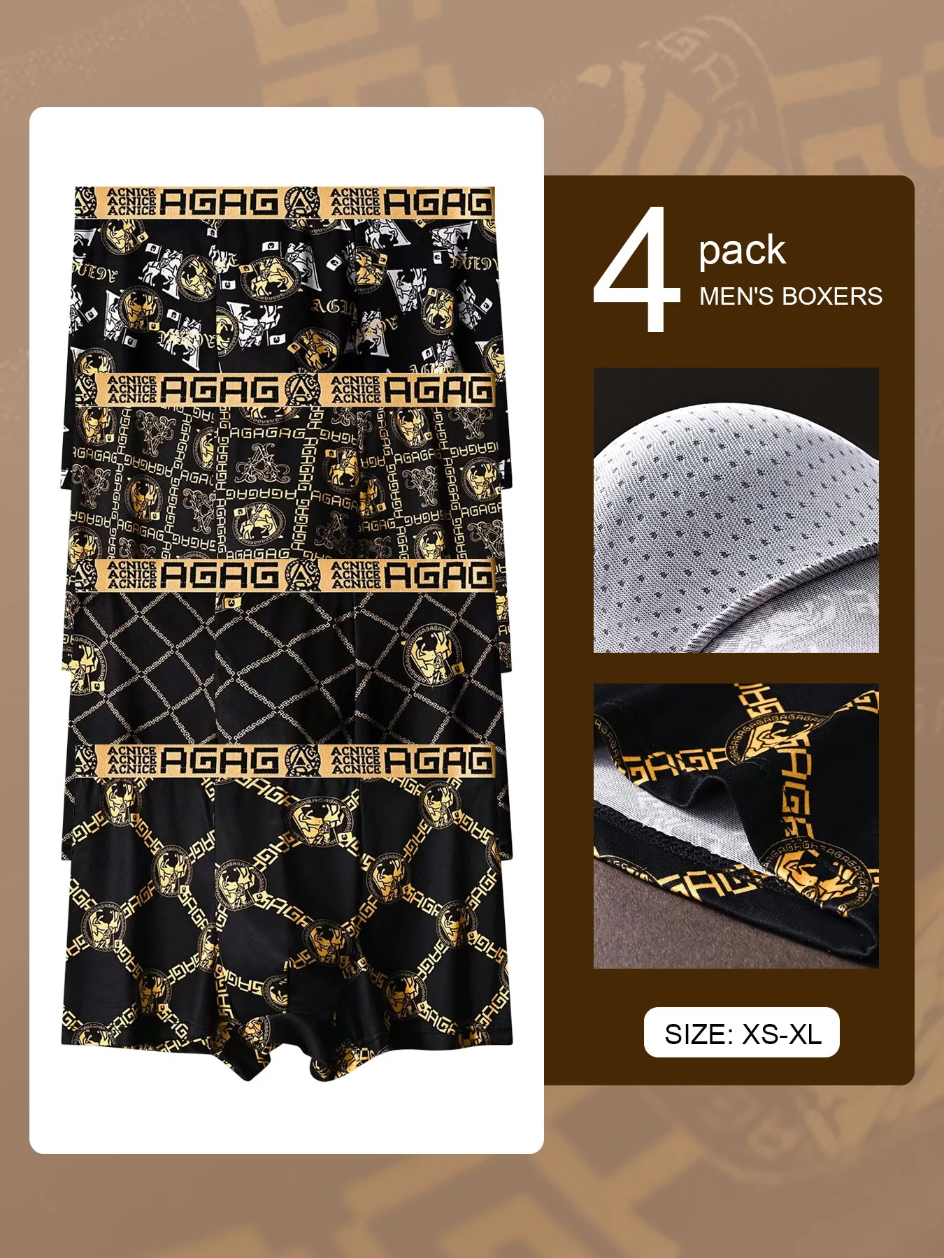 

4-Pack Men's Milk Silk Boxers - AGAG Pattern, Breathable & Soft
