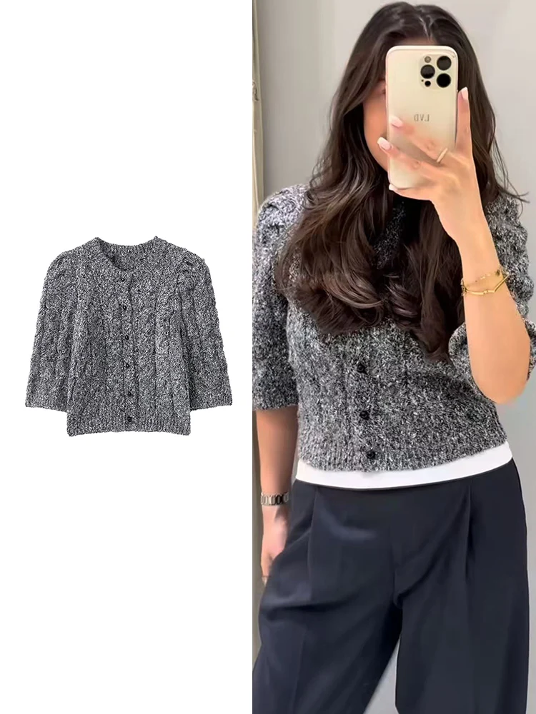 

Новый женский однотонный вязаный кардиган с круглым вырезом, свитер с короткими пышными рукавами, модный женский мягкий однобортный вязаный жакет