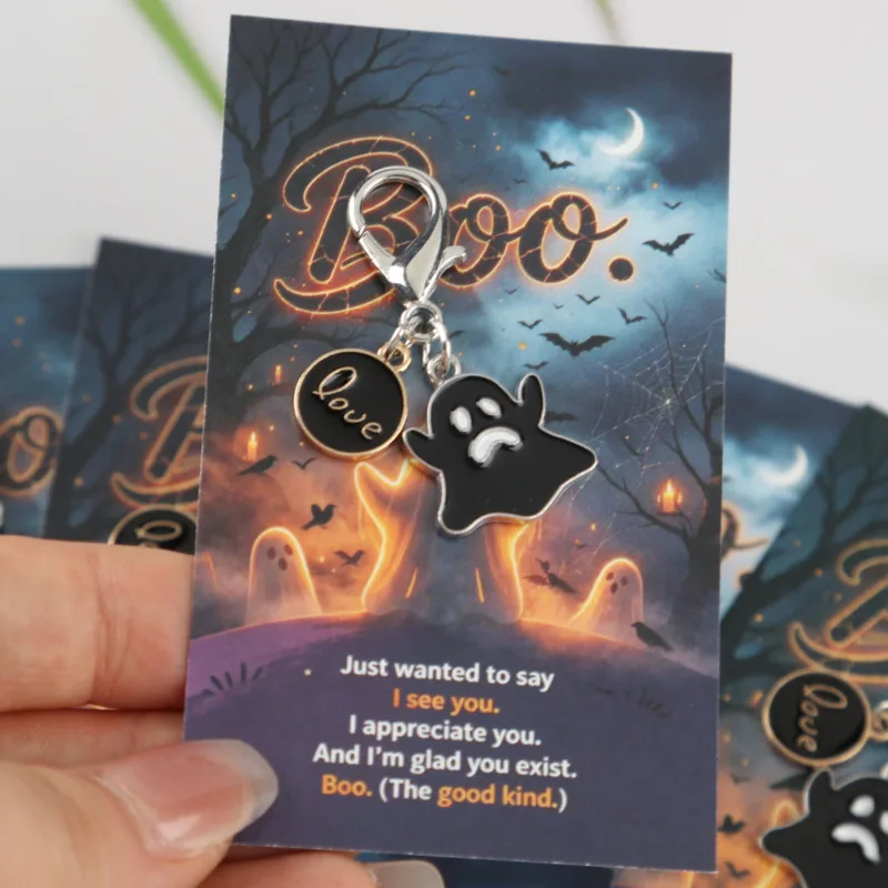 14pcs 2dHalloween Ghost OutfitloveSeries Keychain Set Comes with an incentive ghost card Trick or Treat themed bag charm，Long-di