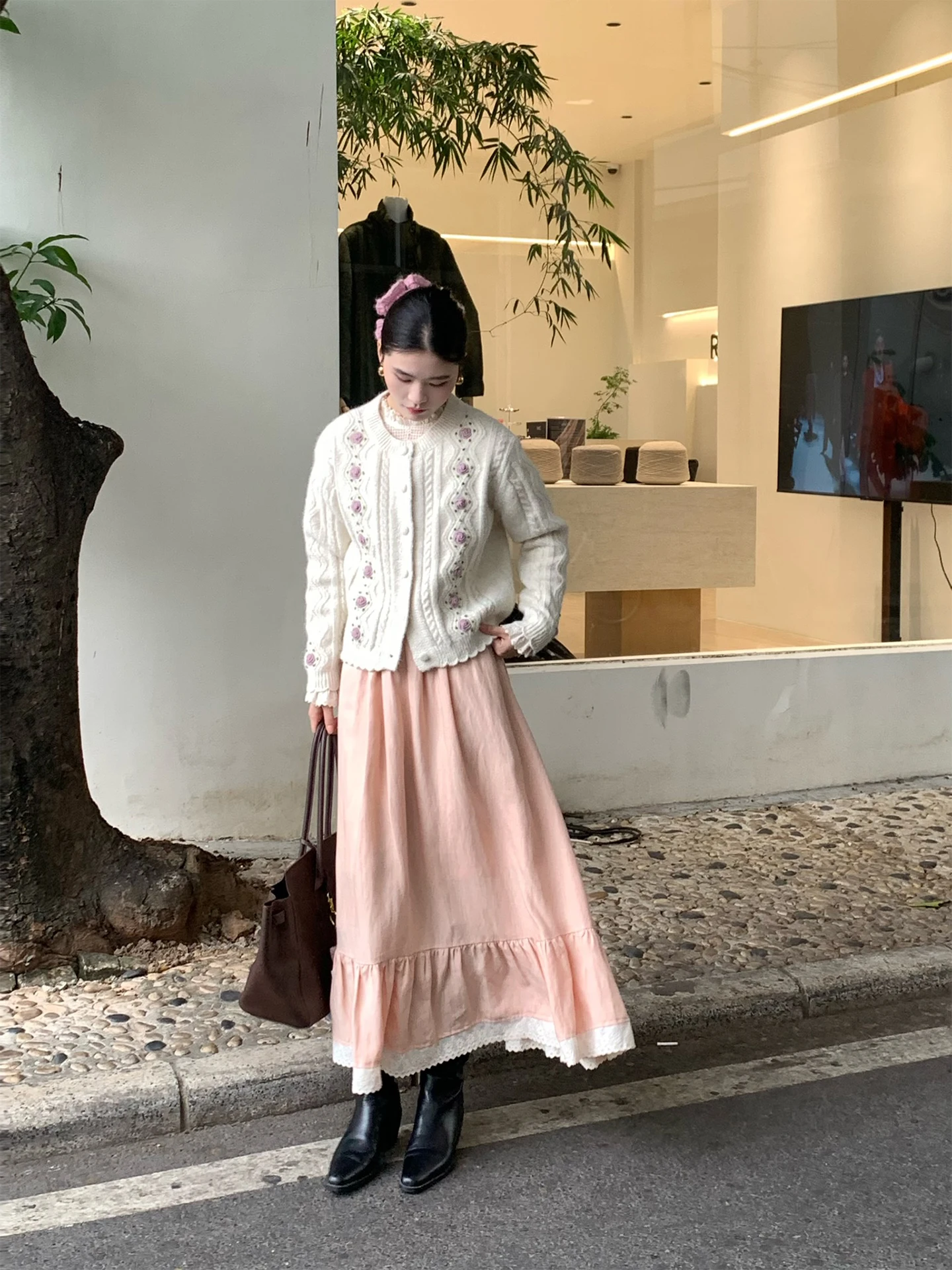 TIYIHAILEY printemps automne lin femmes robe rose à manches longues mi-mollet dames vêtements S-L Vintage taille haute 2026 dentelle