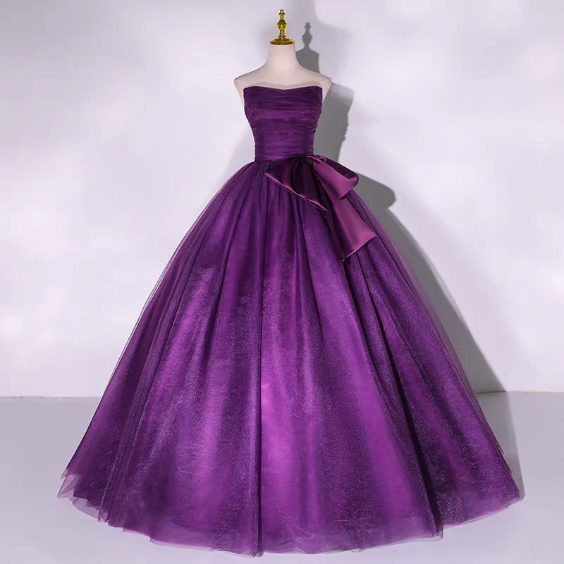 Grape Purple Pleat Strapless Evening Dress for Women vestidos de noche mujer Tulle Prom Party Gown vestidos para mujer with Bow