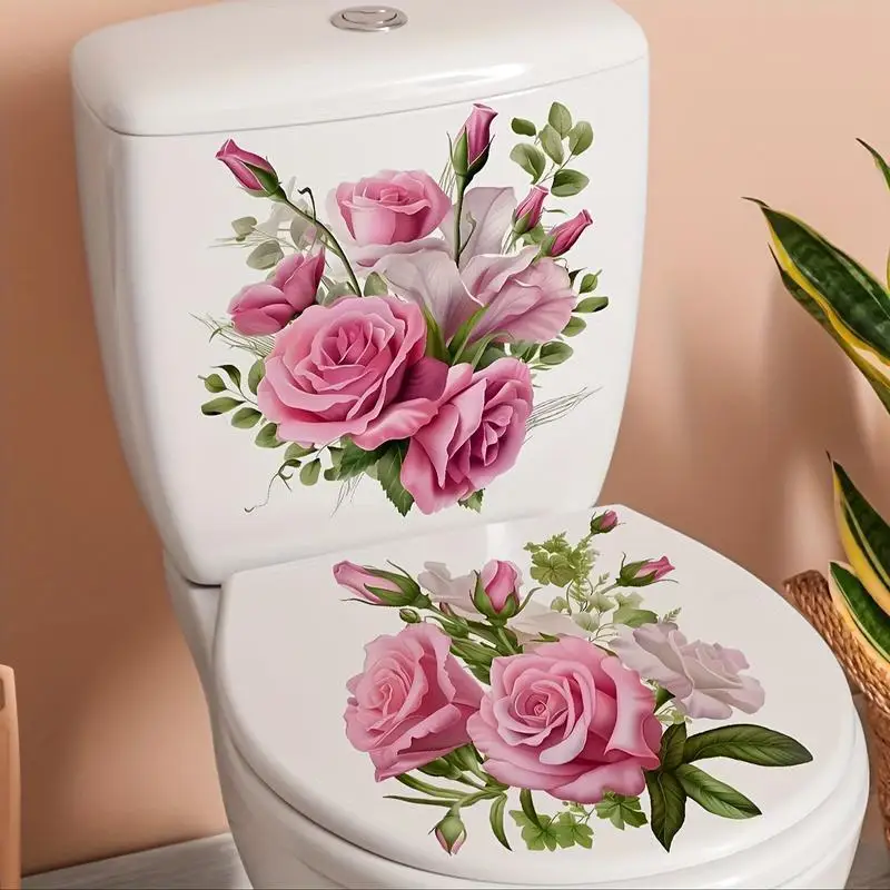 Pink Rose Toilet Seat Sticker Waterproof Self Adhesive Bathroom Toilet Lid Decal Floral Wall Decor Home Decoration