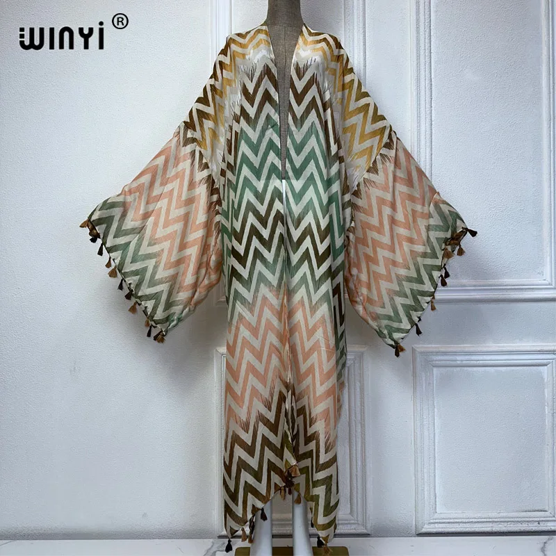 WINYI summer kimono beach wear women 2024 Africa dress bikini cover up Cardigan boho print coat abayas dubai luxury tassel dress