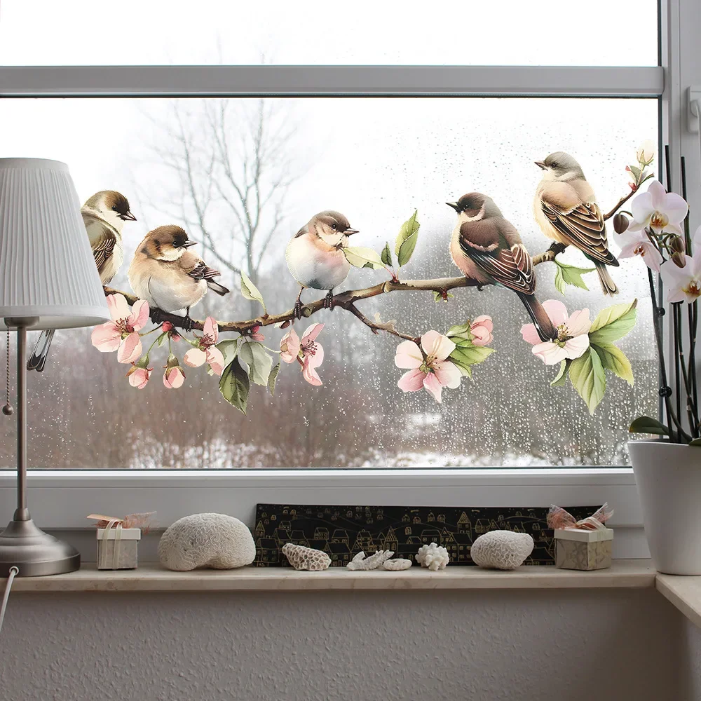 PVC Flower Window Clings Birds Tree Branch Glass Sticker Anti-Collision Decal For Bedroom Restroom Doors Decorative Films