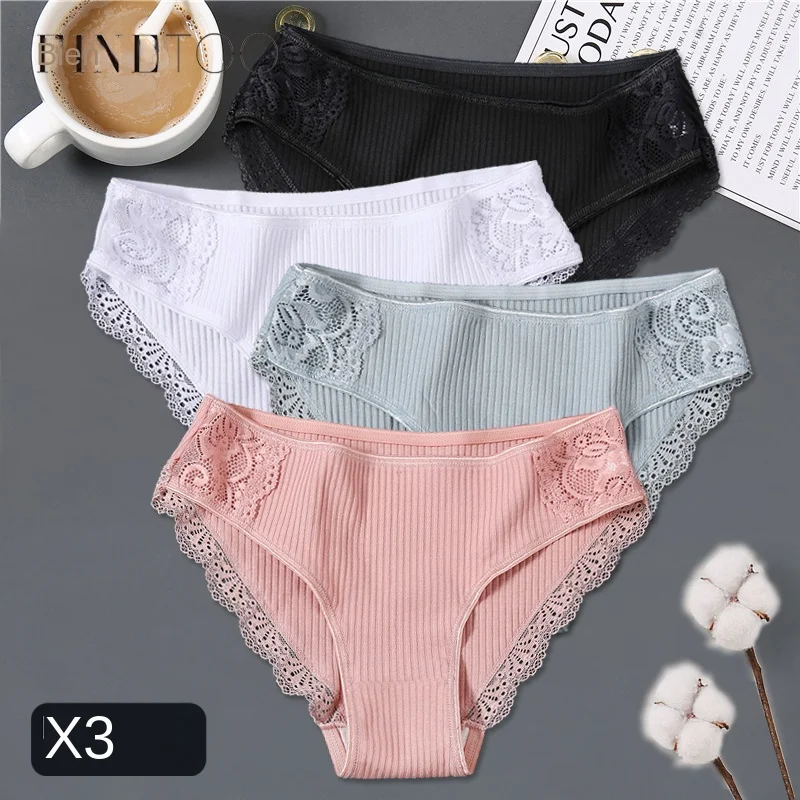 FINETOO 3 pièces/ensemble femmes coton culotte M-2XL taille basse sous-vêtements à la mode Patchwork dentelle slips femme doux caleçon Lingerie 2022