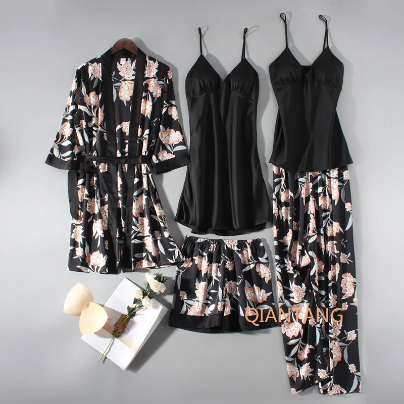 Pajamas Set Women Sleepwear Casual Satin Robe Suit Nightwear Lounge Wear V-neck Soft Pyjamas Kimono Bathrobe Gown Lingerie