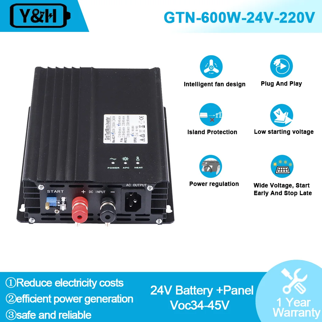 

Y&H 600W Grid Tie Inverter DC26V-45V MPPT Pure Sine Wave AC230V for 24V 36V Solar Panel,Adjutable 24V Battery Discharge Power