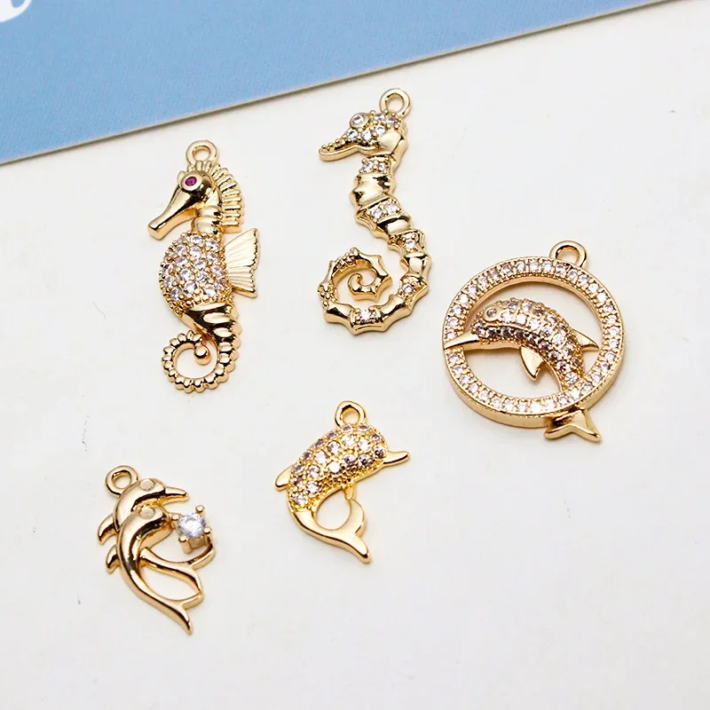 4Pcs Brass 14K Gold Plated Zircon Animal Whale Tail Mermaid Fish Dolphin Charms Pendant for DIY Bracelet Necklace Jewelry Making