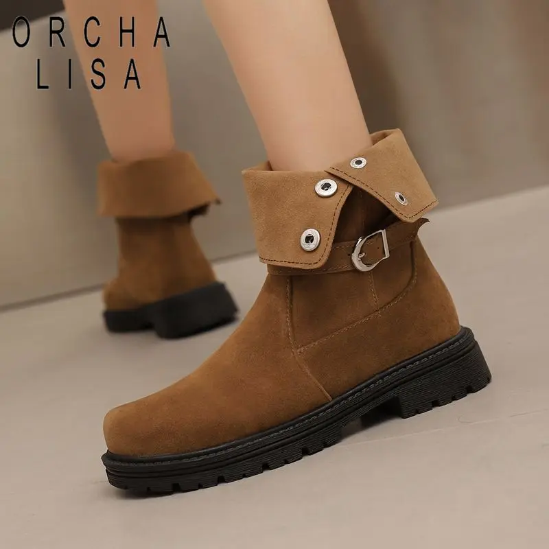 

ORCHA LISAFashion Замшевые женские сапоги до середины икры с круглым носком на плоской подошве, на пуговицах, с пряжкой на ремне, большой размер 47 48 49 50, мягкий бежевый