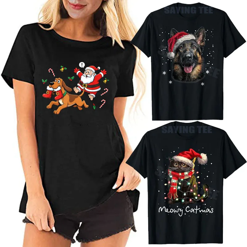 Funny Bloodhound Santa Claus Boots Christmas Womens Mens T-Shirt German Shepherd Santa Hat Dog Xmas Costume Meowy Catmas Cat Tee