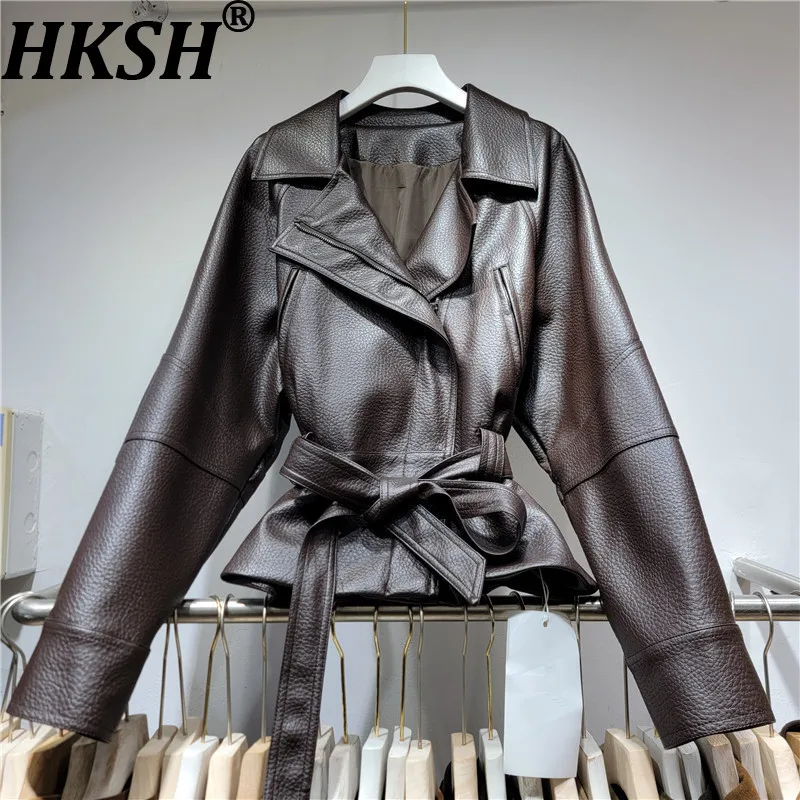 HKSH Women PU Leather Jacket Dark Style Patchwork Sashes Design Zipper Turn-Down Collar Trend High Street Ins Short Coat HK26750