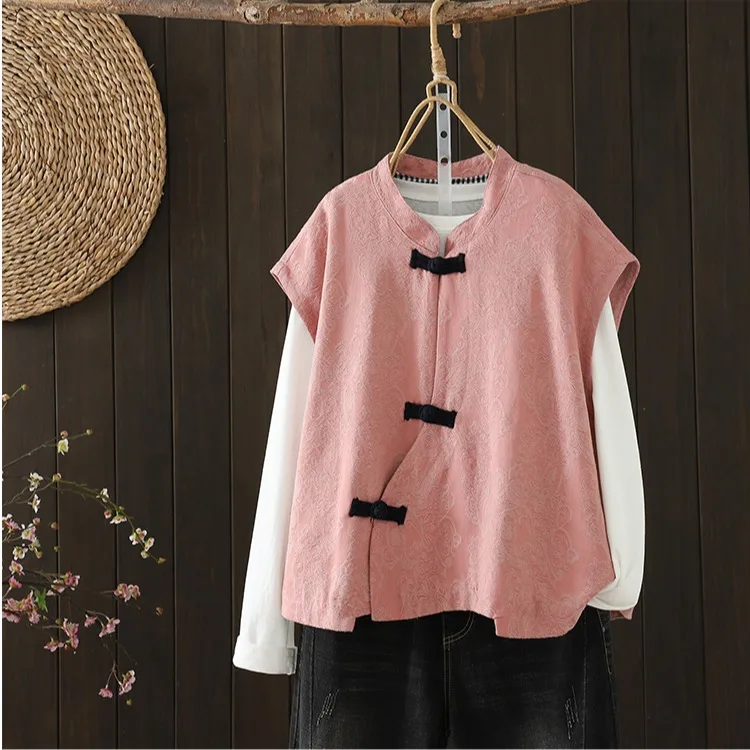 Retro Style Loose Fit Slimming Sleeveless Vest Jacket with Embroidery Short Length Women's Outerwear Button up Cotton Polyest...