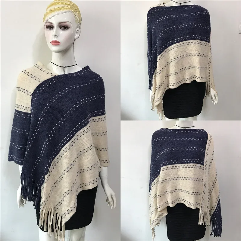 2024 Spring Autumn Color Matching Tassel Knitted Shawl Women New Warm Imitation Cashmere Pullover Cloak Sunscreen Gray