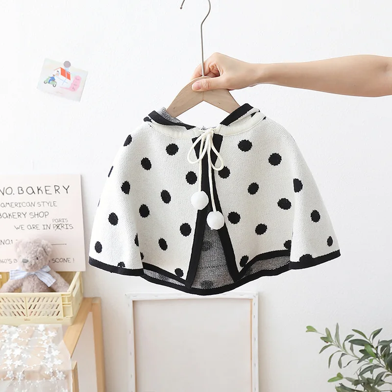

Sweet Girls Polka Dot Knitted Cloak Autumn Winter Korean Style Hooded Lace Up Shawl Baby Girls Casual Sweaters