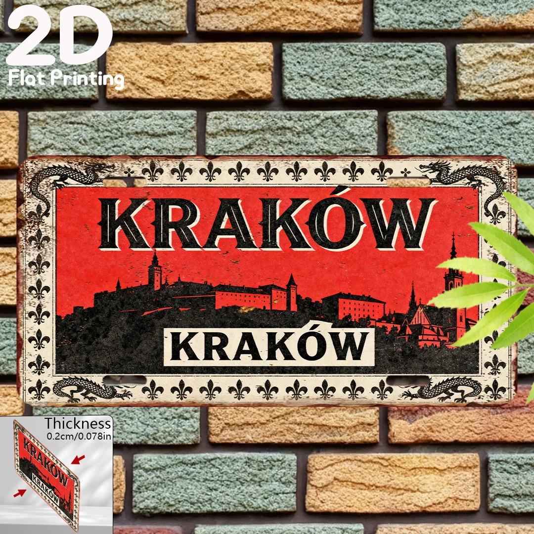 2D Flat, 1pc Vintage Krakow Poland Metal Wall Plaque - Retro Polish Suitable for Poles & Collectors, Aluminum Retro Kraków City