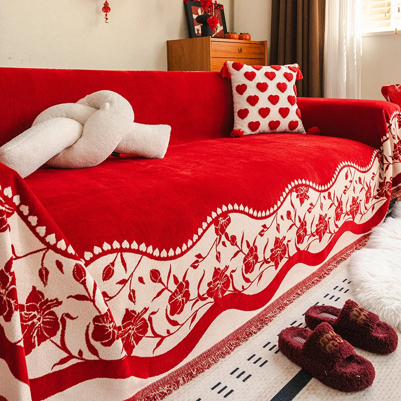 Premium Red Festive Wedding Sofa Towel 2026 New Year Holiday Chenille Dust-Proof Couch Covers Aesthetic Anti-Scratch Room Decor