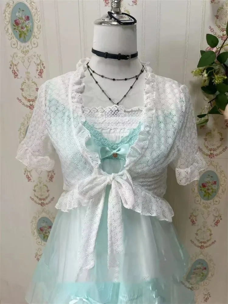 Japanese Kawaii Sweet Cute 2 Piece Set Women Short Lace Tops + Polka Dot Dress New Fit Chic Pink Fluffy Retro Suit Summer 2025 view 2