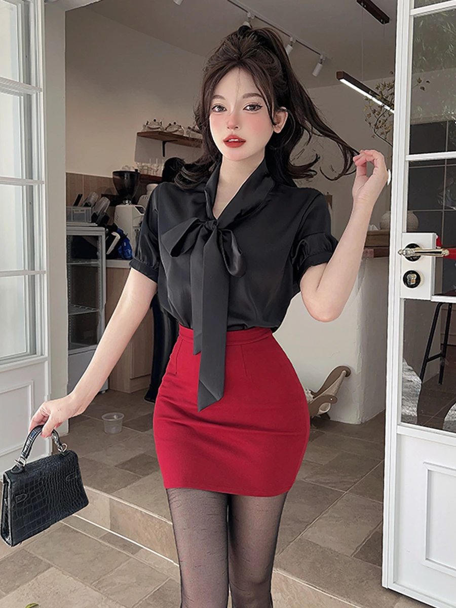 

Elegant Satin Knot Waist Short Sleeve Shirt High Waist Slim Fit Bodycon Skirt Uniform Two Piece Set Women's Fashion
