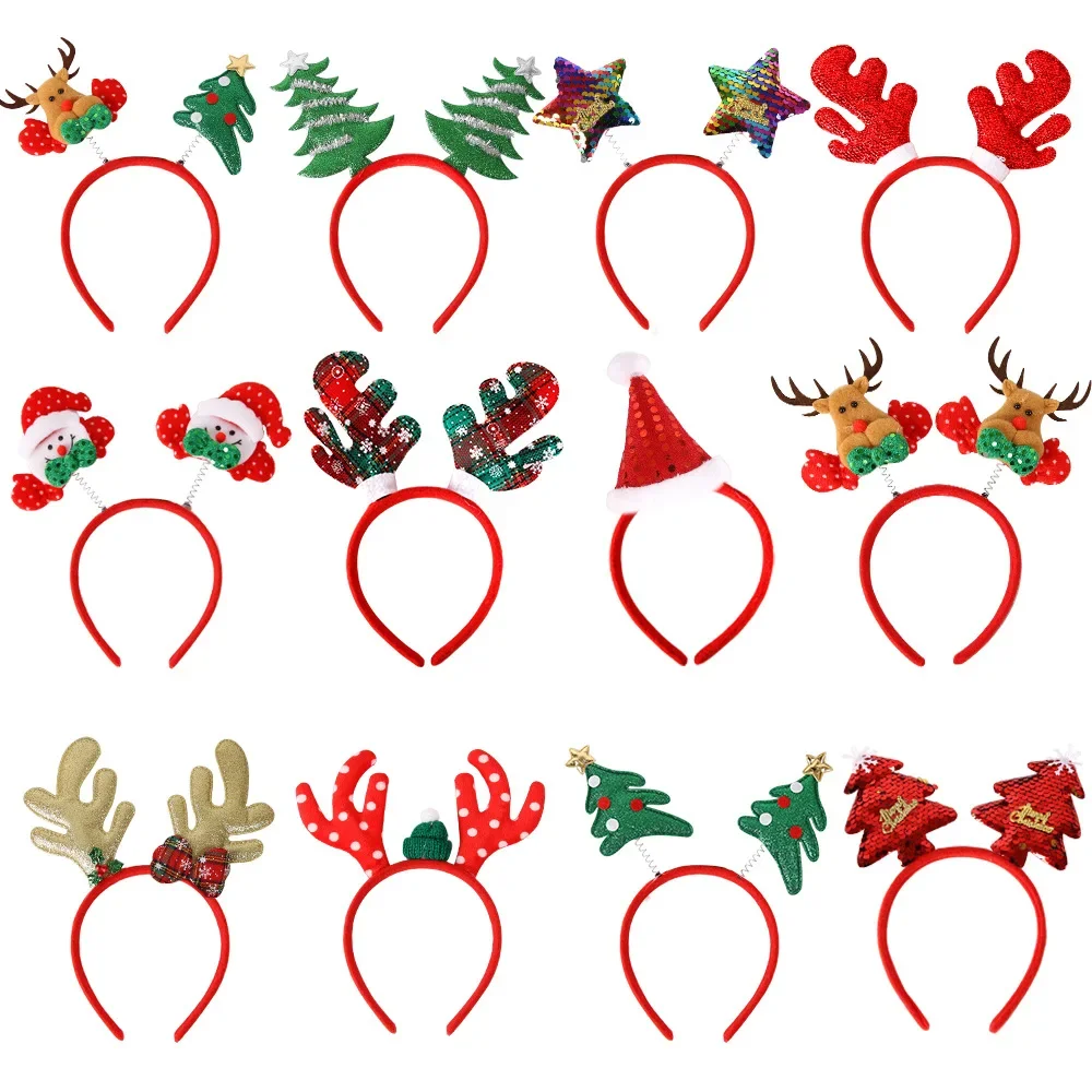 12pcs/Christmas Headband Elk Antlers Five Star Headband Christmas Decorations Children's Plastic Headbuckle Party Decorations