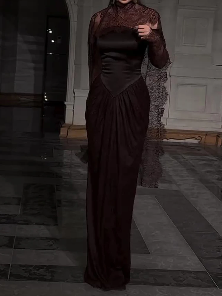 Dame elegante kant hoge kraag avondjurk sexy zijsplit toga's feestjurk mode hoge taille gedrapeerde slanke vloerlengte jurk