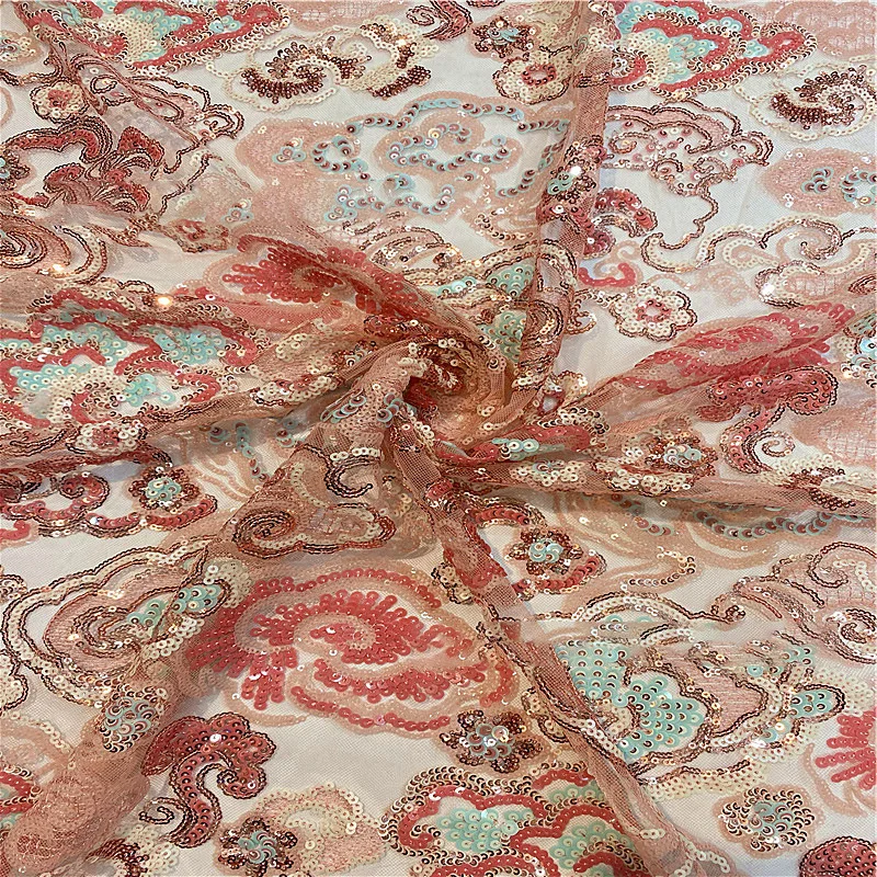 

1 ярда высококачественной вышитой ткани для одежды, сетчатая кружевная ткань с вышивкой и блестками для одежды, Cheongsam для костюма или платья