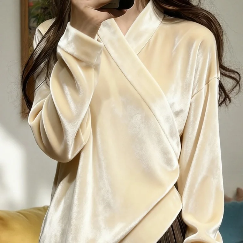 Cream Velvet Asymmetrical Wrap Top Women Loose Elegant Long Sleeve Shirt Casual Office Wear Solid Color T Shirt