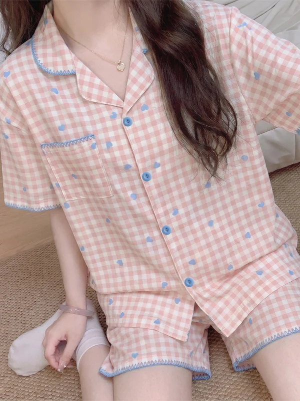 Summer New Plaid Sleepwear Women's Sweet Heart Print Casual Short Sleeve Shorts Home Feelings Teenager Comfortable Pajamas