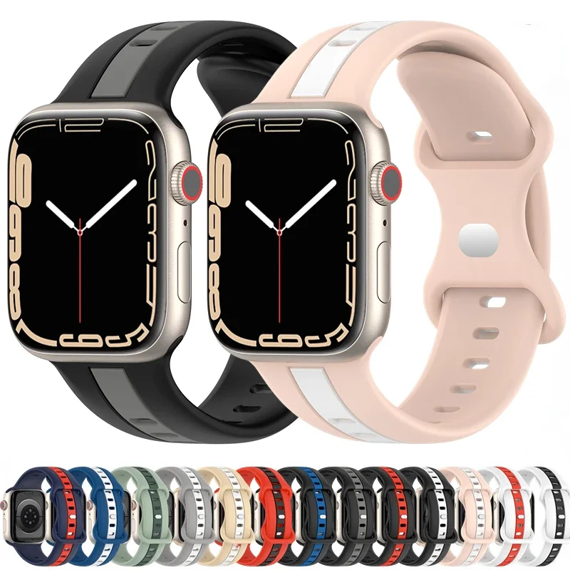 Tali silikon untuk jam tangan Apple, 10 42/46mm gelang 49mm 45mm 41mm 44mm 40mm 42mm dua warna gelang iWatch Ultra/2 9 8 7 6 5 4 3 SE