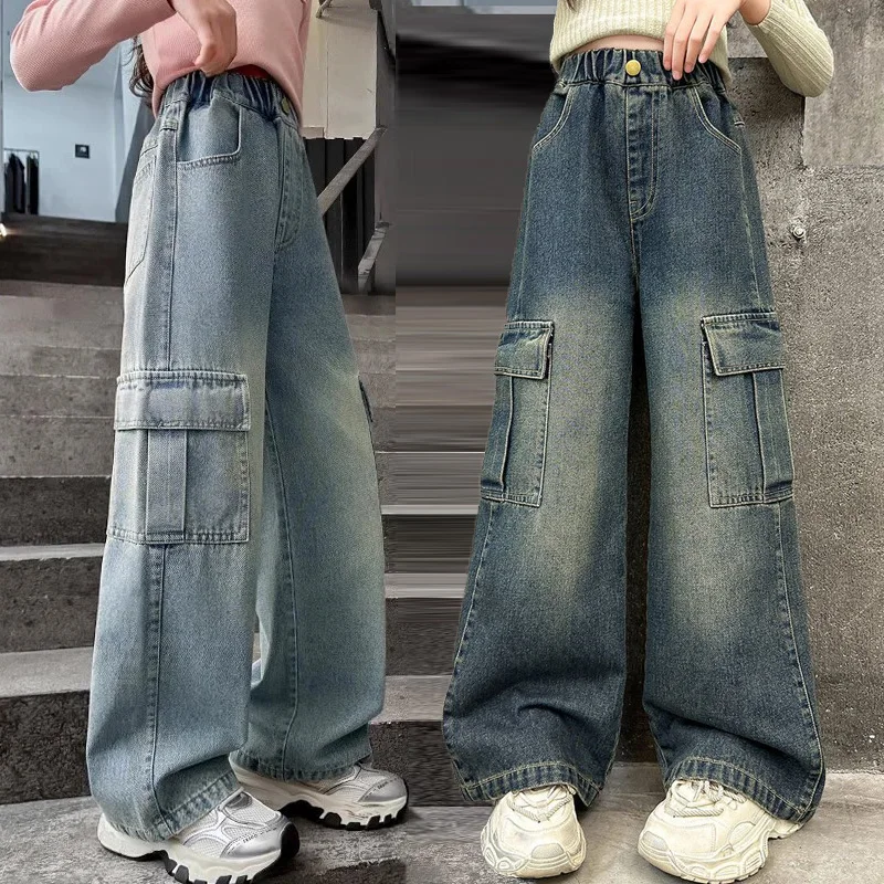 Calças Jeans Cargo para Meninas, Calças de Denim de Pernas Largas para Crianças, Moda Streetwear para Adolescentes, Roupas Casuais para Crianças de 5 a 12 Anos