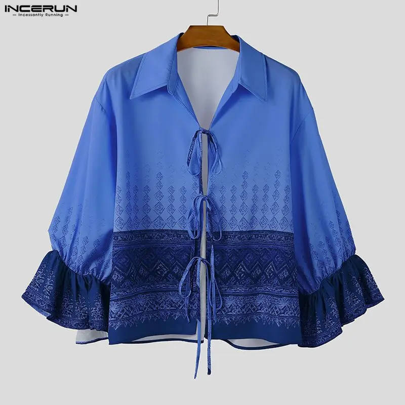 INCERUN الرجال قميص الطباعة العرقية نمط التلبيب مضيئة كم طويل الدانتيل يصل الرجال الملابس الشارع الشهير فضفاض بلايز عادية الذكور القمصان #1